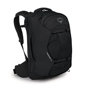 Schwarzer Osprey Farpoint 40 Rucksack mit gepolstertem Rücken und ergonomischen Schultergurten, ideal für Reisen und Outdoor-Aktivitäten.