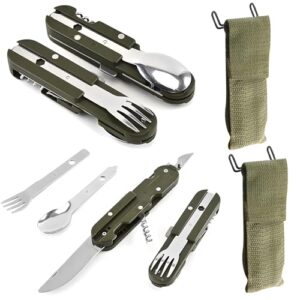 Multifunktionales 5-in-1 Camping Besteck Set aus Edelstahl mit abnehmbarer Gabel, Löffel, Messer und Flaschenöffner in einer olivgrünen Tragetasche, ideal für Outdoor-Aktivitäten und Camping.
