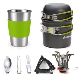 10-teiliges Aluminium Camping Geschirr Set für Outdoor Aktivitäten mit Becher, Töpfen und Besteck, ideal für Camping und Wandern.