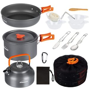 OVERMONT Camping Kochgeschirr Set aus eloxiertem Aluminium mit Kochtopf, Teekanne und Bratpfanne, ideal für Outdoor-Aktivitäten.