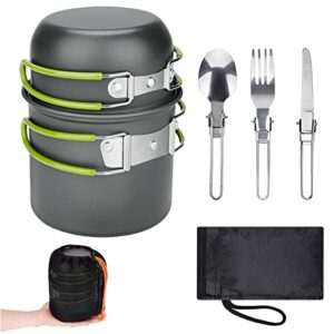 ERBO Camping Kochgeschirr Set aus Aluminium für Outdoor-Aktivitäten, bestehend aus Töpfen, Pfanne und Besteck in grünem Design, ideal für Wandern, Angeln und Picknick.