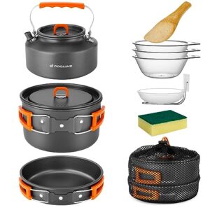 10-teiliges Camping Kochgeschirr Set mit Topf, Bratpfanne, Teekanne und Schüsseln für Outdoor-Kochen und Reisen
