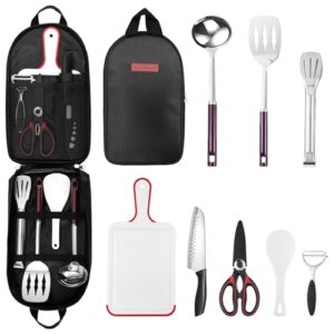 9-teiliges Küchengerät Set für Outdoor-Kochen, einschließlich Zange, Pfannenwender, Schöpföffel, Santokumesser und mehr in einem praktischen Etui, ideal für Camping und Picknick.