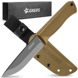 GREIFS Outdoor-Messer G-Serie aus 440C Stahl mit holster und dangler, ideal für Survival, Jagd und Schnitzen. Ergonomischer Griff in Khaki und matte Klinge.