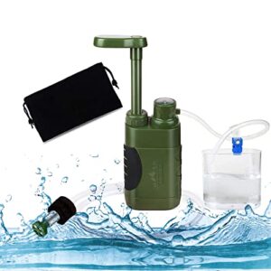 Outdoor Wasserfilter 5000L in olivgrün mit Handgriff und transparentem Wasserrohr, präsentiert auf schwarzem Etui.