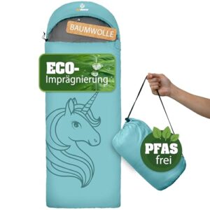 outdoorer Kinderschlafsack Dream Express in aqua mit Einhorn-Motiv, aus 100% Baumwolle, PFAS-frei und umweltfreundlich imprägniert, zusammengepackt in einem praktischen Beutel.