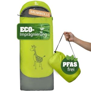 Outdoor Kinderschlafsack Dream Express in Grün mit Kapuze, Giraffenmotiv und umweltfreundlicher ECO-Imprägnierung. Ideal für Kinder und vielseitig als Deckenschlafsack verwendbar.