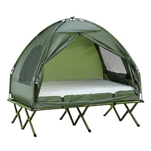 Outsunny erhöhtes Campingbett und Zelt in Olivgrün, ideal für Outdoor-Aktivitäten, mit luftiger Netzoberfläche und erhöhter Liegefläche für optimalen Komfort. Perfekt für Camping, Wandern und Festivals.