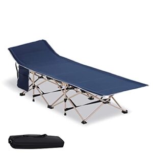 Faltbares Campingbett mit Tragetasche, klappbare Liege in Dunkelblau mit robustem Stahlrahmen und gepolsterter Liegefläche, ideal für Camping und Outdoor-Aktivitäten.