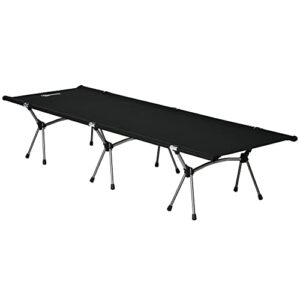 Klappbares Campingbett aus Aluminium in Schwarz, ideal für Outdoor-Aktivitäten. Höhenverstellbar und bis zu 150 kg belastbar, perfekt für Camping und Reisen.
