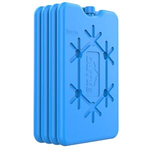 Vier blaue Kühlakkus übereinander gestapelt, ideal für Kühltaschen und Kühlboxen, mit stilisiertem Schneeflocken-Design für optimale Kühlung von Lebensmitteln und Getränken.