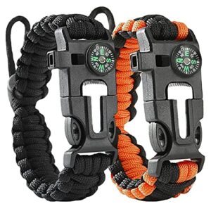 Flintronic Paracord Survival Armband Kit in Schwarz und Orange mit integriertem Kompass für Outdoorsport und Überlebenstraining