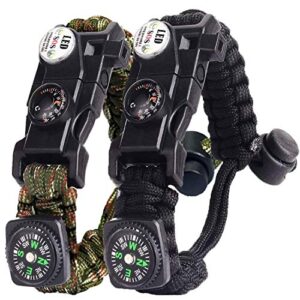 Paracord Survival Armband Kit für Herren und Damen in Schwarz und Armeegrün mit Funktionen wie Kompass und LED-Licht, ideal für Outdoor-Aktivitäten.