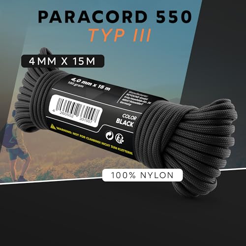 GO!elements 15m Paracord Seil aus reißfester Nylonschnur in Schwarz, geeignet für verschiedene Anwendungen mit einer max. Belastung von 250 kg und einem Durchmesser von 4 mm.
