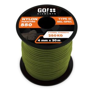 GO!elements 30m Paracord Seil aus reißfester Nylonschnur, 4mm Durchmesser, olivgrün, geeignet für Outdoor-Aktivitäten und Handwerksarbeiten, maximales Gewicht von 250 kg.