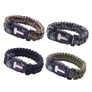 Multifunktionales Paracord Survival Armband mit integriertem Kompass, Zündstange und Überlebenspfeife in verschiedenen Farben für Outdoor-Abenteuer.