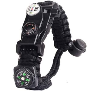Paracord Survival Armband Kit in Schwarz für Outdoor-Aktivitäten mit integriertem Kompass, Feuerstein und LED-Licht.