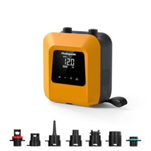 Peakspeak 20PSI elektrische SUP Pumpe in leuchtendem Gelb mit digitalem Druckdisplay und verschiedenen Düsen für vielseitige Anwendungen beim Aufpumpen von SUP-Boards, Kajaks und mehr.
