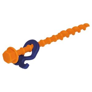 Peggy Peg Schraubheringe 20 cm für Zeltbefestigung in orange und blau, geeignet für weiche und harte Böden, ideal für Camping und Outdoor-Aktivitäten.
