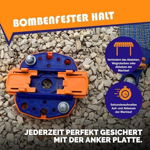 Peggy Peg Fix&Go Ankerplatte 2.0 zur sicheren Bodenbefestigung von Markisen und Zelten beim Camping, stabilisiert auch auf weichem Untergrund, in leuchtenden Farben Blau und Orange.