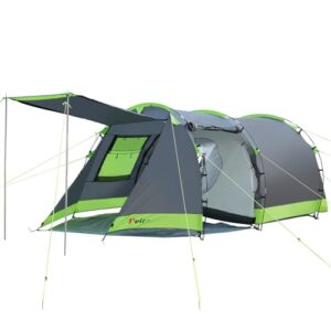 Peirhw Tunnelzelt für 4 Personen in Grau mit grünen Akzenten, geeignet für Camping und Outdoor-Aktivitäten, mit großzügigem Eingang und atmungsaktiver Schlafkabine.