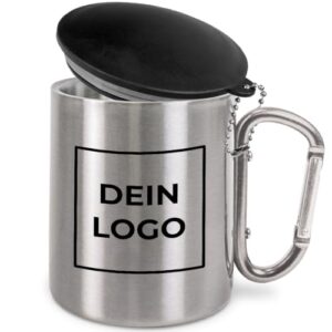Personalisierter Edelstahl-Trinkbecher mit Karabinerhaken und Deckel, ideal für Camping, Outdoor und Veranstaltungen, mit glänzender silberner Oberfläche und individuellem Anpassungsbereich.