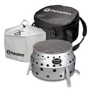 Petromax ATAGO Grill Set in silber mit Transporttasche und Umluftkuppel, ideal für Outdoor-Aktivitäten und Grillen im Freien.