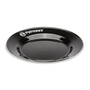 Schwarzes Emaille Teller 2er Set mit Edelstahlrand in 26 cm Durchmesser, ideal für Camping und Outdoor-Aktivitäten, kratzfest und leicht zu reinigen.