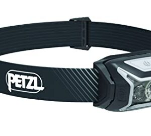 PETZL ACTIK CORE wiederaufladbare Frontlampe in Grau, ideal für Outdoor-Aktivitäten wie Camping und Wandern, mit lichtstarker LED-Technologie und ergonomischem Design.