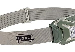 PETZL ARIA 2 RGB Stirnlampe mit elastischem Kopfband in Olivgrün, vielseitige Lichtmodi in Weiß, Rot, Grün und Blau, 450 Lumen, wasserdicht und langlebig.