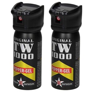 Zwei Dosen Pfefferspray Pfeffergel zur Selbstverteidigung, 50 ml, mit Flip Top-Verschluss, ideal für persönliche Sicherheit und Tierabwehr. Handliches Design für den Notfall.