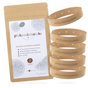 Pflanzliche Anti-Mücken Armbänder in Beige, ideal für Kinder und Erwachsene, in umweltfreundlicher Verpackung, bieten effektiven Schutz vor Mückenstichen ohne chemische Inhaltsstoffe.