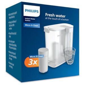 Produktverpackung des Philips Water Instant Water Filters mit 3 Ersatz-Filterpatronen, modernem Design und praktischen Funktionen für die schnelle Wasserfiltration.