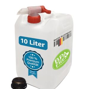 10 Liter Wasserkanister aus Kunststoff, BPA-frei und lebensmittelecht mit rotem Auslaufhahn und stabiler Schraubverschluss, ideal für Flüssigkeitslagerung, hergestellt in Deutschland.