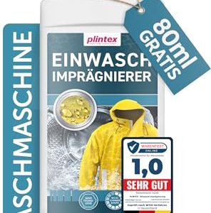 Plintex 580ml Einwaschimprägnierung für wetterfeste Outdoor- und Funktionskleidung in einer weißen Flasche mit grauem Deckel. Geeignet für Softshell und Gore-Tex-Materialien.