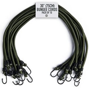 10er-Pack elastische Spanngummis mit Haken, 75 cm lang, ideal für Camping und Outdoor-Aktivitäten, in dunklem Olivgrün.