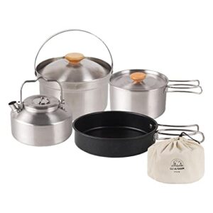 Pomurom Outdoor Kochgeschirr Set aus Edelstahl für Camping und Wandern, bestehend aus Kochtopf, Wasserkocher und Aufbewahrungstasche, ideal für Outdoor-Abenteuer.