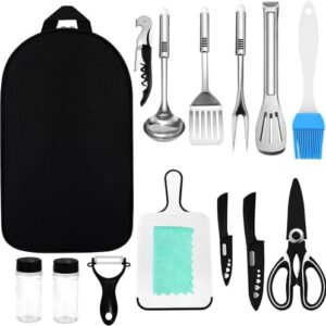 15-teiliges Camping Kochutensilien Set aus Edelstahl in einer tragbaren Tasche, ideal für Outdoor-Aktivitäten wie Camping, Grillen und Reisen.