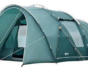 Geräumiges Portal Zelt für 5-6 Personen in dunklem Grün, ideal für Camping und Outdoor-Aktivitäten. Das Zelt verfügt über eine hohe Stehhöhe und große Fenster für optimale Belüftung.