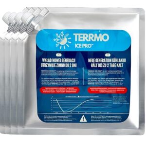 TERRMO Ice Pro Premium Kühlakku im 4er Pack, verpackt in blauer Folie mit schneeflockenähnlichem Design, ideal für lange Kühldauer bis zu 72 Stunden für Lebensmittel und Getränke.