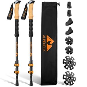 ALPENFUX Premium Wanderstöcke aus leichtem Aluminium mit ergonomischen Korkgriffen, teleskopisch verstellbar, in schwarz und orange, ideal für Wandern und Nordic Walking.