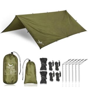 PURE HANG Premium Zeltplane Tarp 3x3 Meter in Olivgrün, wasserdicht und UV-geschützt, ideal für Outdoor-Aktivitäten wie Camping und Wandern. Inkl. Aufbewahrungstasche, Befestigungsschnüre und Aluminium-Heringe.
