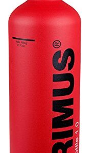 Rote Primus Brennstoffflasche mit 890 ml Fassungsvermögen für Outdoor-Abenteuer, zylindrische Form, breiter Tragegriff und sichere Verschlusstechnik.