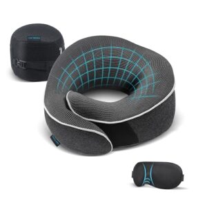 Proglobe Nackenkissen für Reisen mit ergonomischem Design, begleitet von einer 3D-Schlafmaske und einer praktischen Netztasche, in dunkelgrauer Farbe.