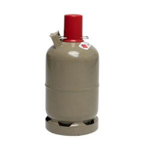 Graue Propan Gasflasche mit rotem Sicherheitsventil, geeignet für Gas-Grill, Gas-Kocher und Camping, 5kg regeneriert und geprüft.
