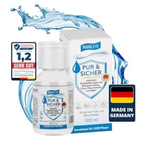 Flasche mit 100ml chlorfreiem Wasseraufbereiter "PUR & SICHER" zur sicheren Trinkwasseraufbereitung ohne Chlor. Inaktiviert effektiv Bakterien, Viren und Keime für Camping, Outdoor und Notfälle.
