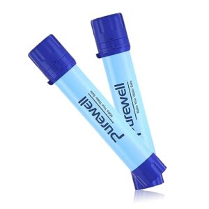Purewell Outdoor-Wasserfilter in kompaktem, blauen Design, geeignet für Camping und Outdoor-Aktivitäten, entfernt 99,99% der Bakterien und Schwermetalle.