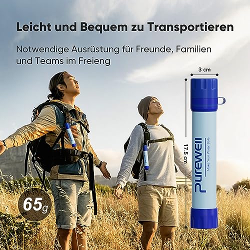 Purewell Outdoor-Wasserfilter in einer naturnahen Umgebung mit zwei Personen beim Wandern, ideal für sicheres Trinkwasser in der Natur.