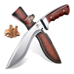 Purple Dragon Outdoor Messer mit feststehender Klinge, ergonomischem Holzgriff und eleganter Lederscheide, perfekt für Survival, Jagd und Camping. Im Hintergrund sind Holzstücke zu sehen, die auf vielseitige Einsatzmöglichkeiten hinweisen.