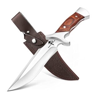 Purple Dragon Survival Messer mit feststehender Klinge, ergonomischem Holzgriff und Lederscheide, ideal für Outdoor-Aktivitäten und Geschenke.